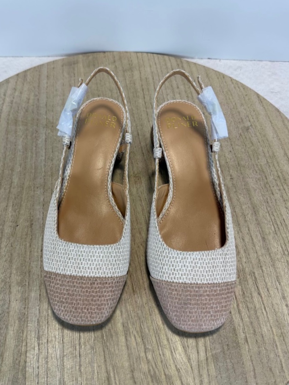 Donald Pliner Slingback Block Heel Pumps Beige Ivory Woven Women's 5.5M NWOT
